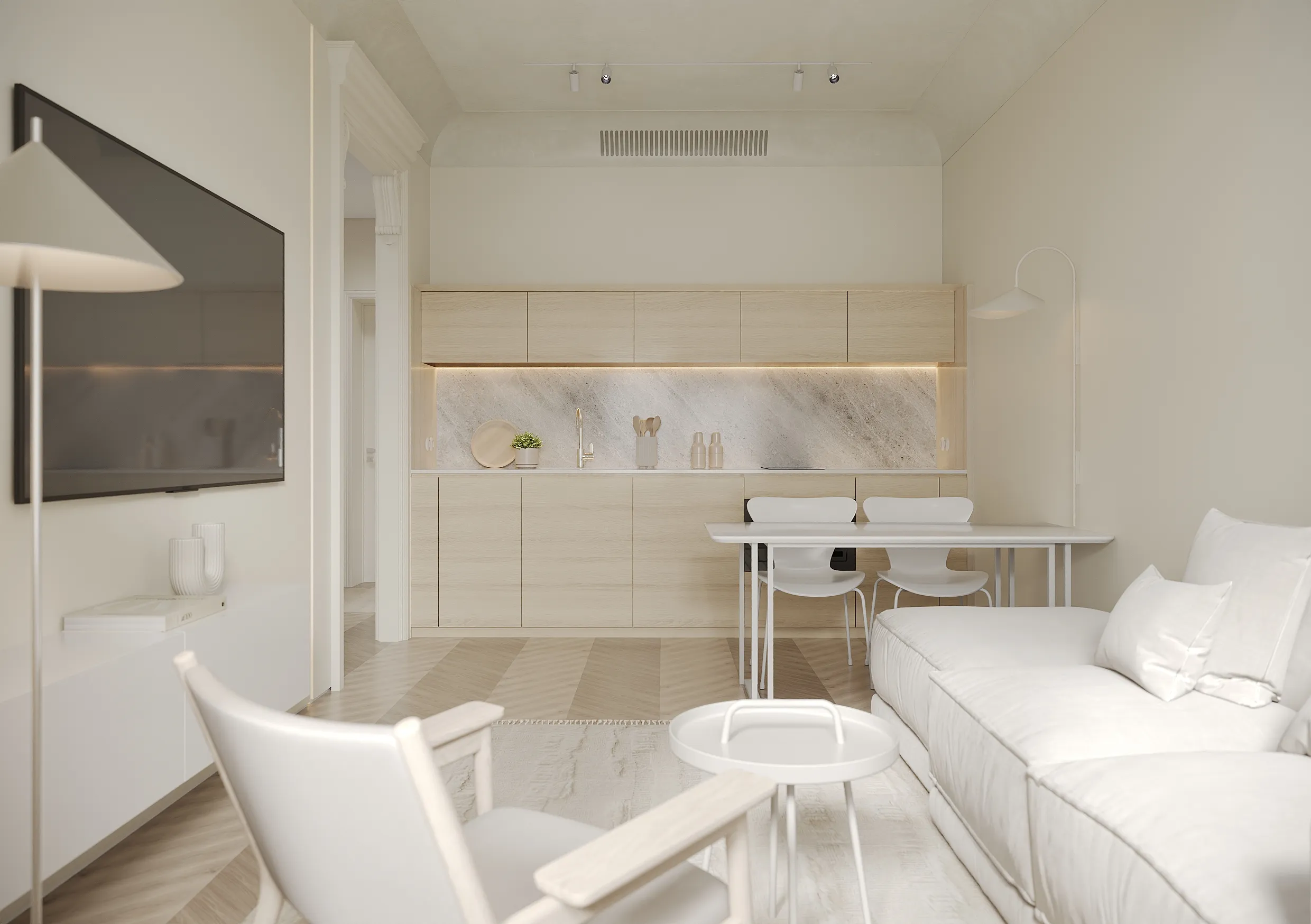 «Пиджачная квартира», обставленная минималистично, с базовым набором мебели и удобств — кровать, плита, раковина — предназначена для временного проживания. Дизайн выполнен в строго функциональном стиле, с акцентом на практичность и …